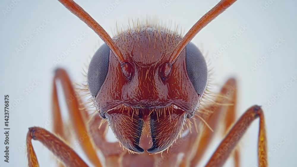 Extreme close-up of an ant's face, showcasing its complex features and textures