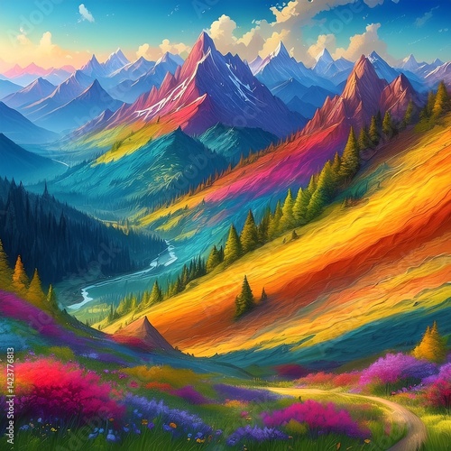 クレヨンで塗りつぶしたようなカラフルな山の風景