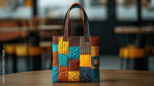 Wallpaper Mural Recycled fashion, vintage and trends concept. A vibrant, patchwork handbag sits on a wooden table, showcasing a mix of colorful textures and contemporary design in a modern setting. Torontodigital.ca