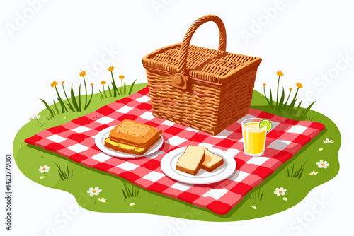 A blanket spread on green grass with a woven wicker picnic basket resting on a red and white checkered blanket