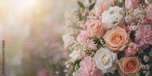 beautiful close up of vibrant bouquet featuring soft pink and white roses, delicate carnations, and lush greenery, evoking sense of tranquility and joy