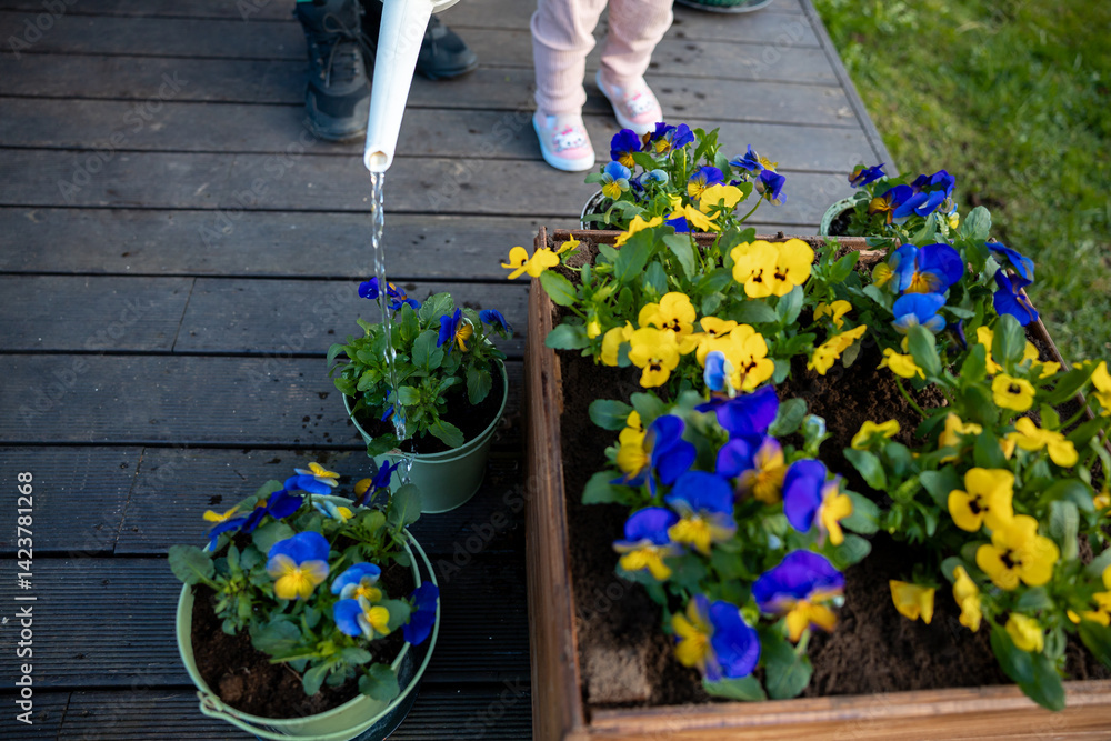A child in pink pants and colorful shoes waters potted yellow and blue flowers on a wooden deck. A patch of grass is visible in the background.