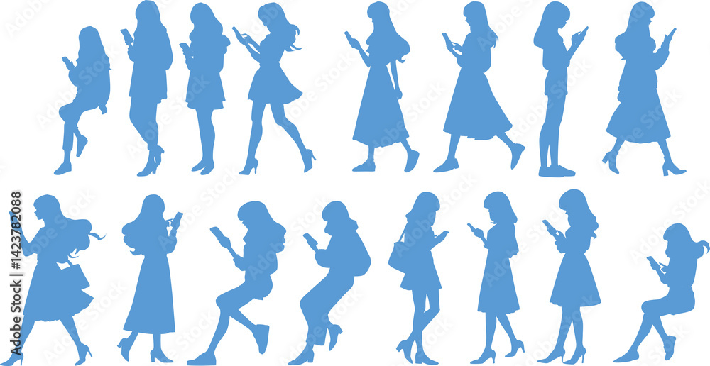 スマホを触る女性たちのイラストセット スマホを触る女性たちのイラストセット