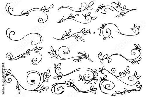 葉っぱとツタの線のイラスト素材　ベクター