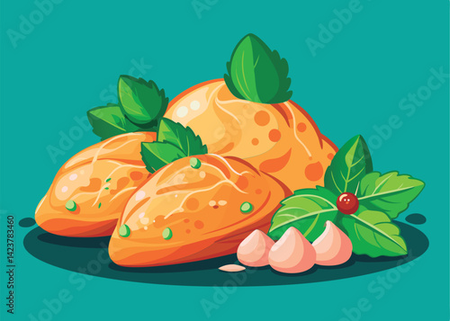 Appetizing baked goods with herbs and garlic.