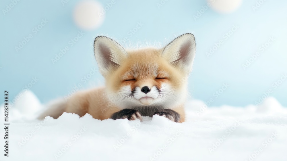 Obraz premium Adorable fox cub resting in snow
