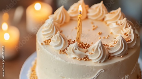 Birthday cake with a festive mood showcasing intricate piping details golden sprinkles and warm candlelight
