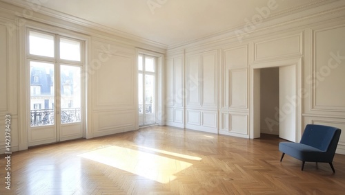 Wallpaper Mural An empty elegant room with sunlit windows and a blue chair Torontodigital.ca