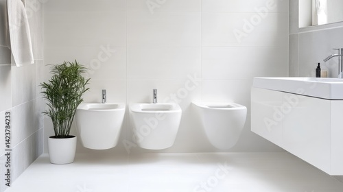 Modern minimalist bathroom, clean lines, bright