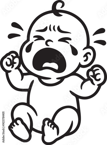 black and white cartoon illustration of a baby cry