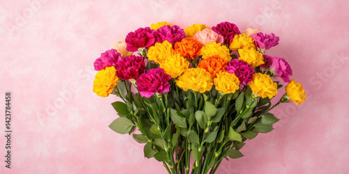 vibrant bouquet of colorful carnations in shades of pink, orange, and yellow against soft pink background creates cheerful and lively atmosphere