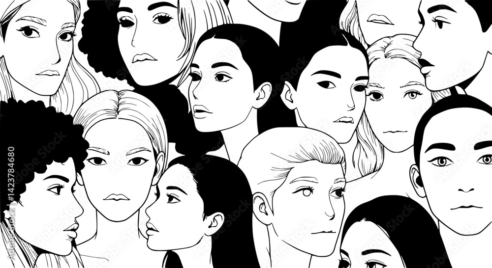 Diverse Group of Women's Faces Looking Forward Together in Line Drawing Style Diverse Group of Women's Faces Looking Forward Together in Line Drawing Style