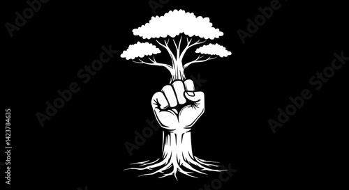 Stylized Black and White Graphic of Clenched Fist as Tree Trunk Symbolizing Environmentalism Power and Growth