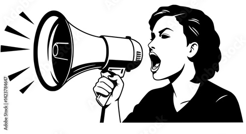 Determined Woman with Short Hair Shouting into Megaphone in Bold Retro Black and White Illustration Style
