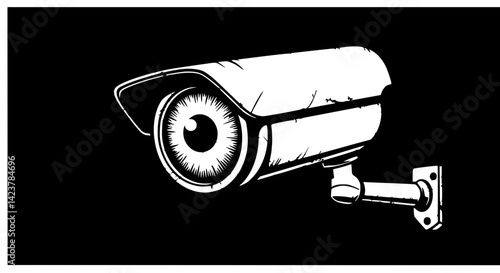 Security Camera with Human Eye as Lens in Vintage Distressed Black and White Style Symbolizing Surveillance and Observation