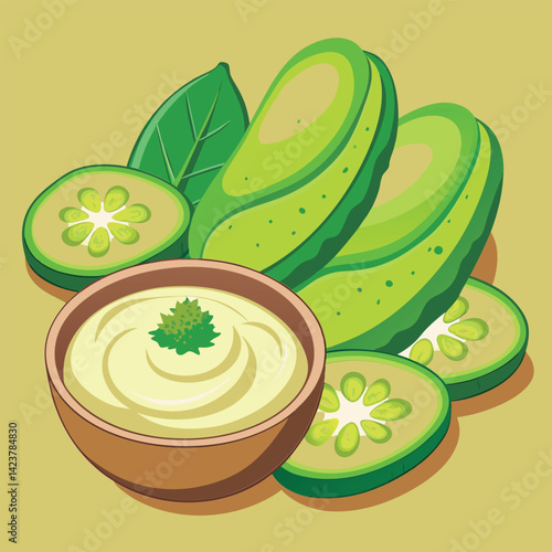 Green fruit slices with creamy dip.