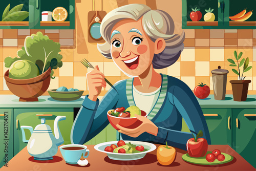 vector of Portrait, fruit and apple salad with an elderly woman in her home kitchen for health, diet or nutrition. Smiles, food and cooking with a happy mature retired woman eating healthy at home
