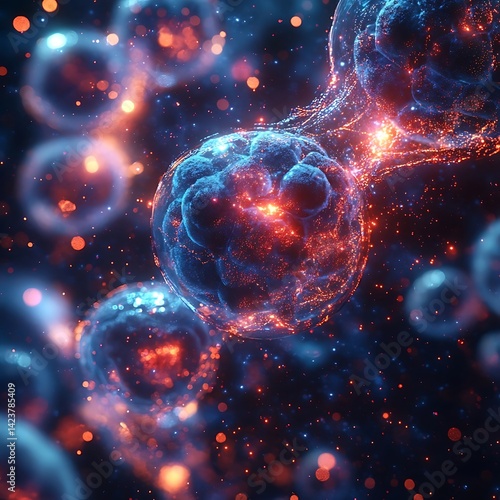 Intricate cellular structures interacting in a vibrant display.