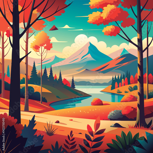 Autumnal landscape by the lake.