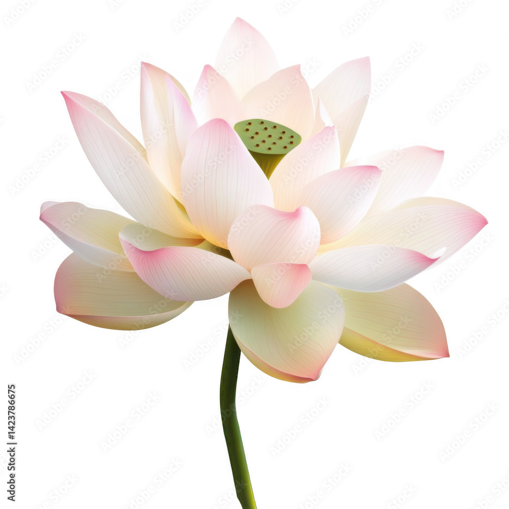 Isolated transparent PNG die-cut. Pink and White Lotus Flower on Green Stem Against Transparent Background Isolated transparent PNG die-cut. Pink and White Lotus Flower on Green Stem Against Transparent Background