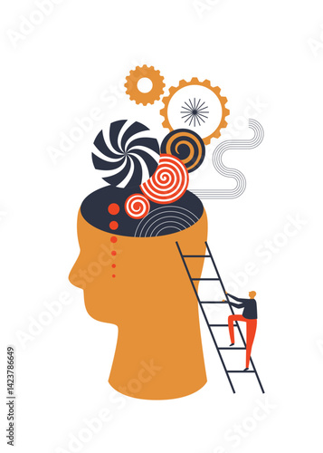 The human brain is shown as an abstract mechanism. A man climbs a ladder to see a human head and learn the secret of the human brain. Vector illustration on the human brain, mind, memory