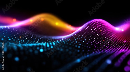 Abstract background with colorful dots, waves, and gradient light effects for digital technology. Futuristic design vector illustration on a black background, with detailed, high-resolution photograph