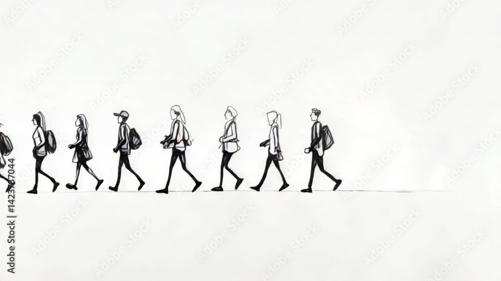 Continuous Movement of Diverse Individuals Walking in a Linear Formation Illustrating Urban Lifestyle and Progression Continuous Movement of Diverse Individuals Walking in a Linear Formation Illustrating Urban Lifestyle and Progression