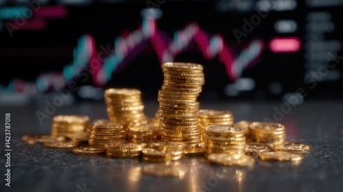 A pile of gold coins with stock market charts in the background, symbolizing the concept of wealth and business success. Realistic photo, cinematic style, low-key lighting.No blur
