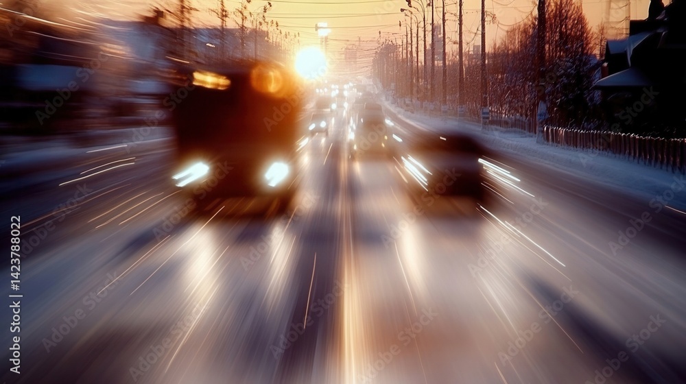 Traffic scene with blurred vehicles at sunset. Traffic scene with blurred vehicles at sunset.