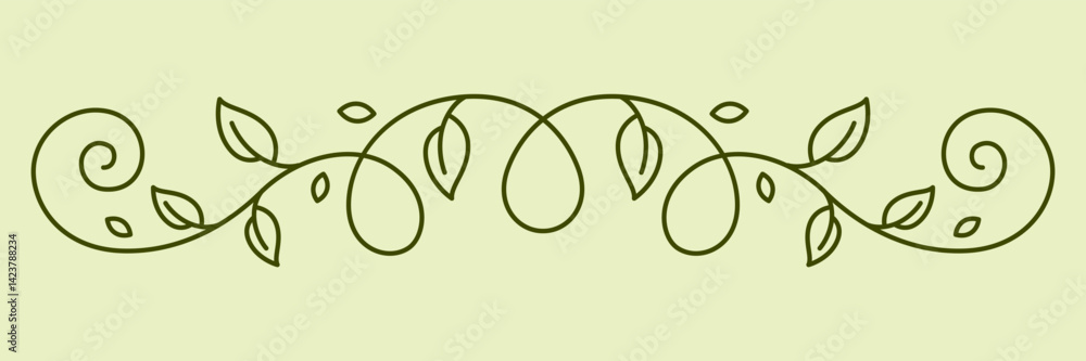 Floral curling element. Decorative nature swirling divider with leaves.