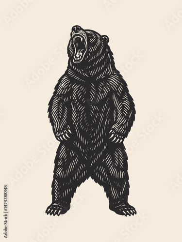 Engraving style roaring bear standing upright