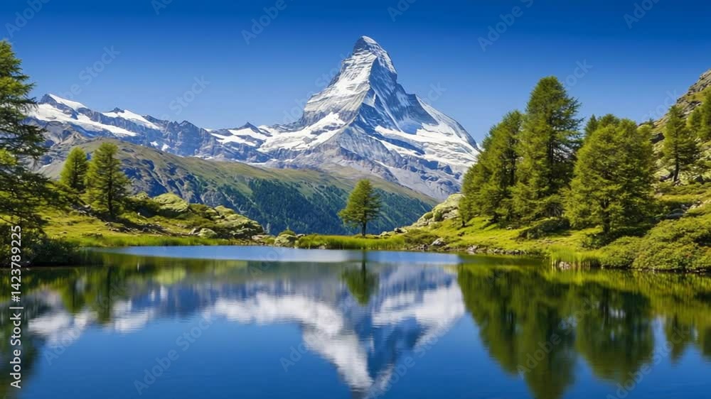 Matterhorn Peak Reflecting in Serene Lake Surrounded by Lush Greenery, Alpine Scenery