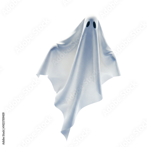 A gentle, ethereal ghost floats serenely against a pure white background, its flowing fabric suggesting a peaceful presence.