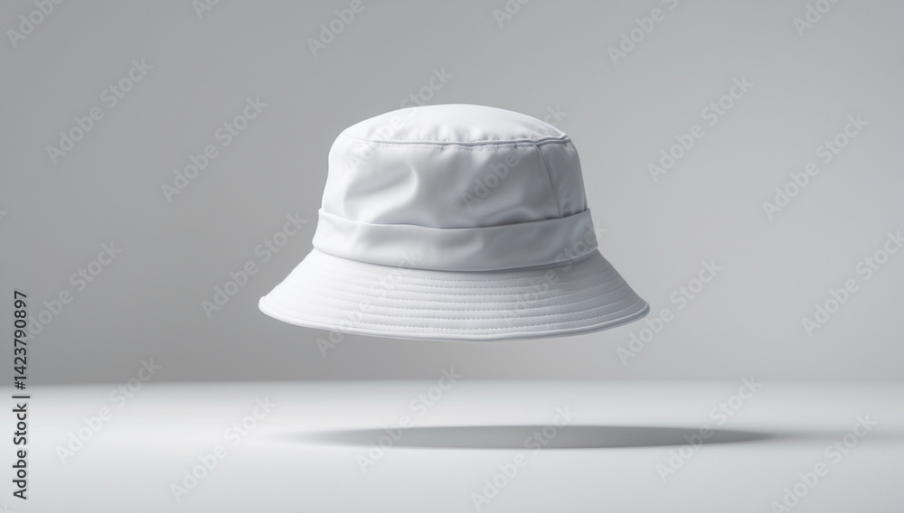 Fototapeta premium A plain white bucket hat floats against a soft grey background, casting a subtle shadow.