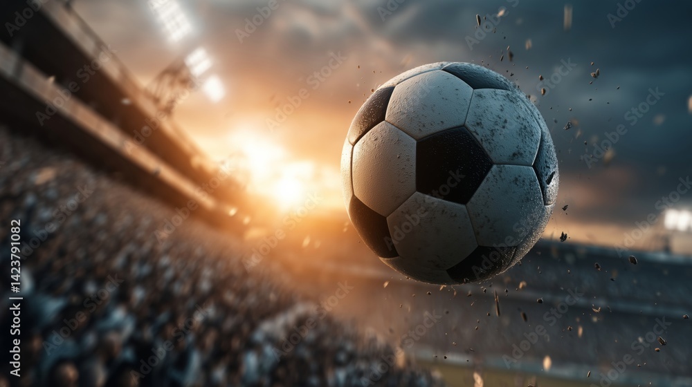 Fototapeta premium Soccer Ball in Stadium at Sunset