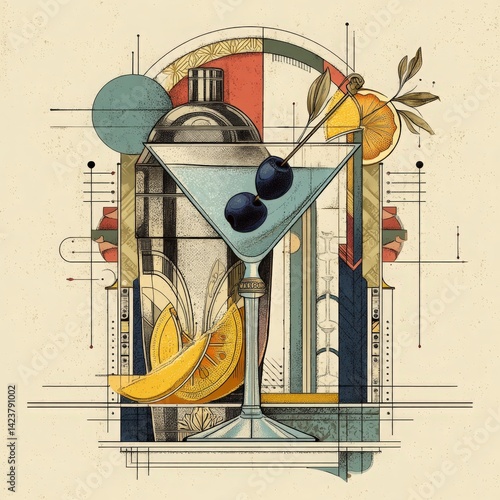 Art Deco Martini Vector Illustration with Cherries and Orange, Vintage Cocktail Design. Perfect for posters, bar menus, and event invitations.