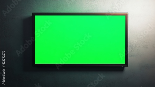 Vibrant green screen monitor on a neutral wall background used for video editing, graphic design, or content creation mockups.