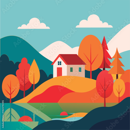 Autumnal farmhouse nestled in the hills.
