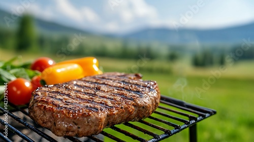 Grilled Steak with Fresh Vegetables Outdoors on Barbecue Grill with Mountain View