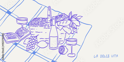 Dolce vita lifestyle illustrations in line doodle style for cafe, restaurants menu, wedding decor. Picnic in french or italian style with wine, cheese, books. Elegant breakfast brunch placard poster.