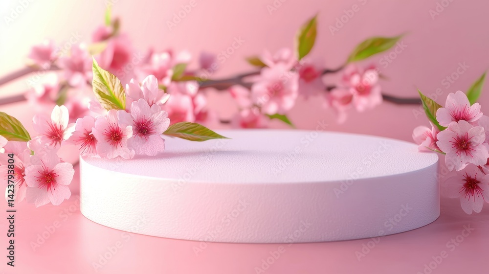 Elegant cherry blossom display on minimalist platform peaceful studio setting floral arrangement soft lighting Elegant cherry blossom display on minimalist platform peaceful studio setting floral arrangement soft lighting