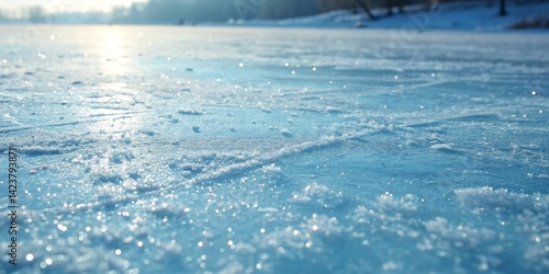 Winter Wonderland: Frozen Lake with Sparkling Snow and Distant Trees