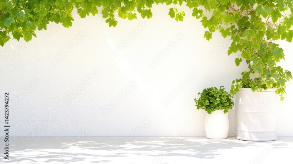 Obraz premium Green vines hang over potted plants against a sunlit white wall with dappled shadows.