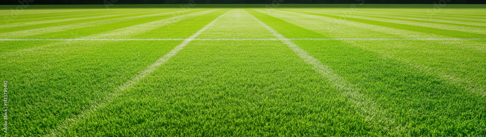 Lush green grass field with perfectly manicured stripes, showcasing vibrant colors and well maintained surface ideal for sports or recreational activities Lush green grass field with perfectly manicured stripes, showcasing vibrant colors and well maintained surface ideal for sports or recreational activities