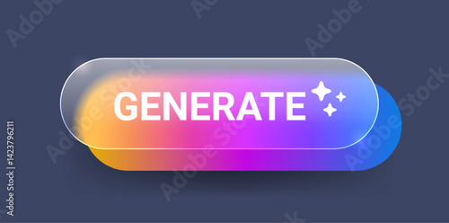 Colorful gradient glass morphism generate button on dark background. Vector artificial intelligence app element illustration