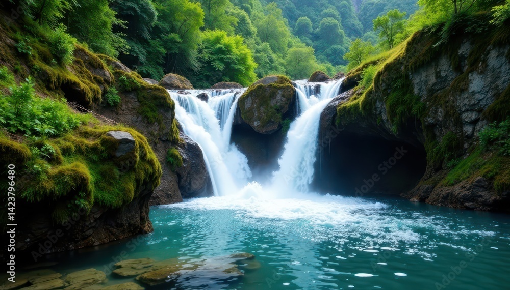 Fototapeta premium Crystal clear water plunges over mossy mountainside , scenic, untouched