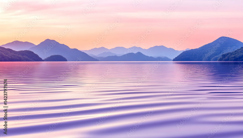 Serene sunset over calm lake, mountains silhouetted against pastel sky Serene sunset over calm lake, mountains silhouetted against pastel sky