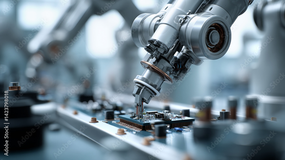 Fototapeta premium Precision robot assembling circuit board in factory