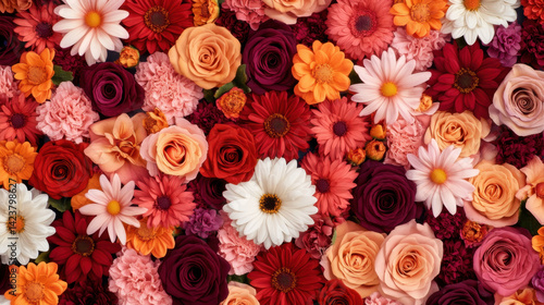 vibrant arrangement of various flowers, including roses, daisies, and gerbera daisies, creates stunning floral tapestry. rich colors evoke joy and beauty, perfect for celebrations
