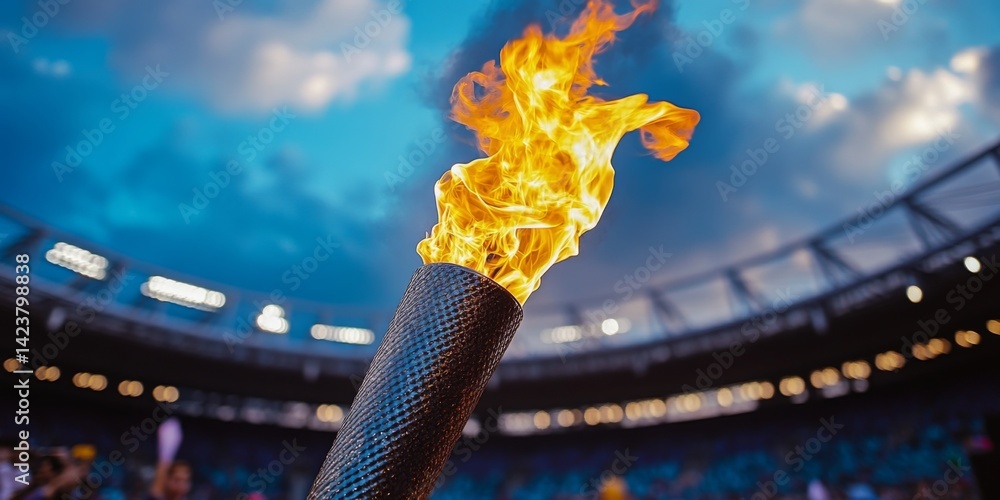 A close-up view of a flaming torch held high in a stadium. The fire dances elegantly against a backdrop of a vibrant sky. This image captures the spirit of competition and celebration. AI